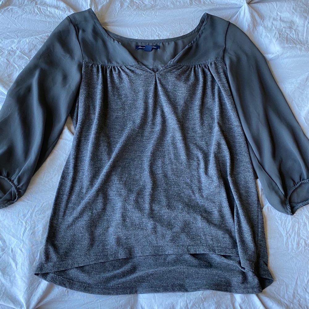 American eagle grey blouse with mesh sleeves